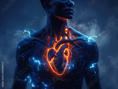 Man's heart is glowing red and blue, surrounded by a storm of electricity. Concept of danger and urgency, as if the heart is struggling to survive in the midst of a chaotic environment photo