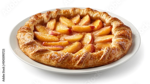 Delicious homemade peach galette with flaky crust on white plate