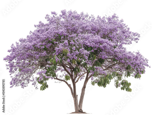 Majestic jacaranda tree in full bloom with vibrant purple flowers and lush green leaves.