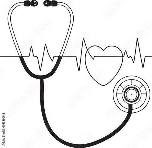 Heart Health and Medical Care Illustration: Modern Flat Vector Stethoscope with Red Heart Icon for Cardiology Services, Healthcare Branding, Wellness Clinics, Medical Insurance Graphics,