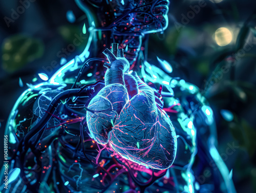 Heart is shown in a blue and green color scheme. The heart is surrounded by a network of veins and arteries, giving it a sense of life and vitality photo