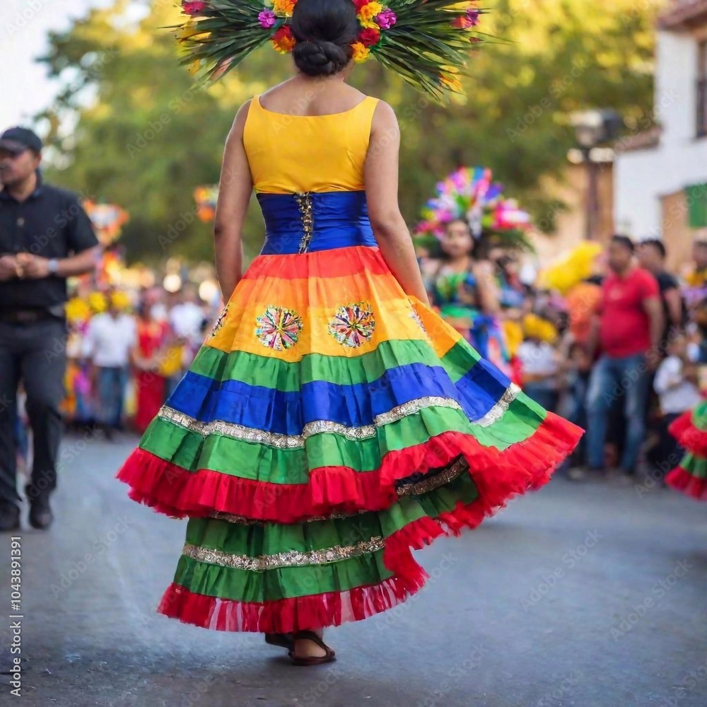 Create a full shot of colorful Guadalupe Day celebrations with soft focus and a knee-level perspective. Capture the vibrant decorations and participants in the scene from a low angle, emphasizing the Create a full shot of colorful Guadalupe Day celebrations with soft focus and a knee-level perspective. Capture the vibrant decorations and participants in the scene from a low angle, emphasizing the