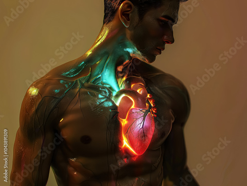 Man's heart is glowing red and blue, surrounded by a storm of electricity. Concept of danger and urgency, as if the heart is struggling to survive in the midst of a chaotic environment photo