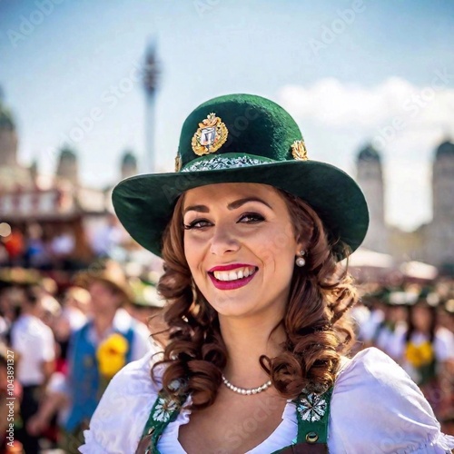 extreme Close-up of a smiling face of a woman in Bavarian hat, with the Munich Oktoberfest parade in the background. The focus is on the leather details and buttons of the lederhosen, celebrating the photo