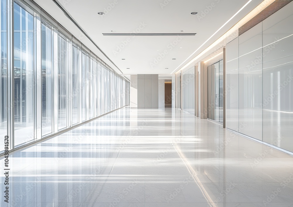 Modern office hallway with large windows and a white tiled floor. Modern office hallway with large windows and a white tiled floor.