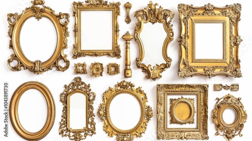 Elegant antique picture frames in gilded gold, isolated on a white background, perfect for showcasing art
