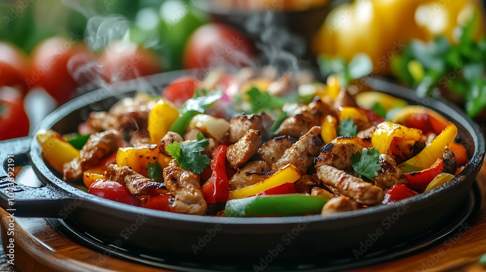 Steaming Hot Fajitas in a Cast Iron Skillet.