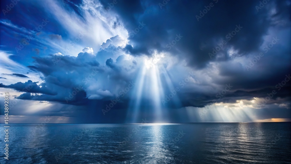 Ray of light piercing storm clouds over dark blue sea Ray of light piercing storm clouds over dark blue sea