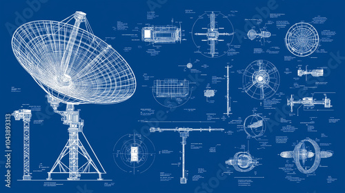 A detailed blueprint of a satellite dish, showing structural dimensions and technical components