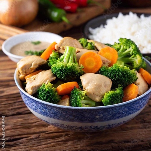 a full shot of a chicken stir-fry served in a large bowl or wok. Capture the vibrant colors of the mixed vegetables, chicken pieces, and the glossy sauce, with a side of steamed rice or noodles