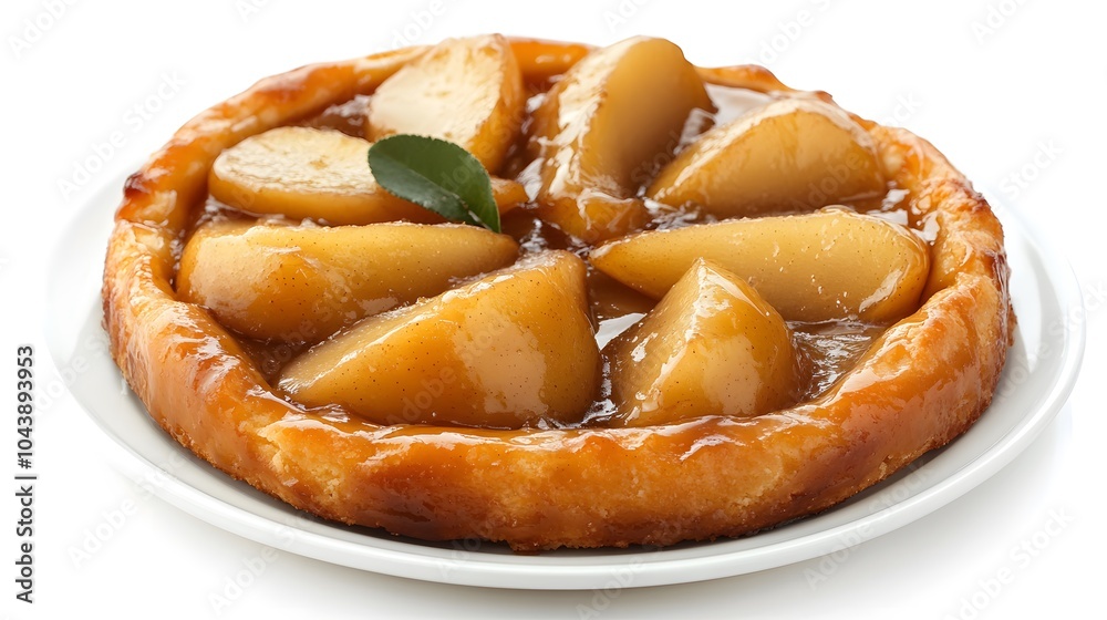 Delicious caramelized pear tart with a golden crust and leaf garnish
