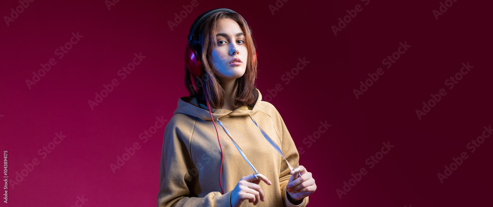 Young beautiful fashionable hipster girl dressed in a hoodie listening to music in red headphones in a studio red dramatic background Young beautiful fashionable hipster girl dressed in a hoodie listening to music in red headphones in a studio red dramatic background