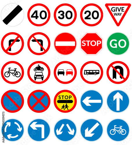 25 common UK Road Signs isolated on a transparent background