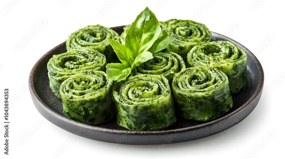 Fresh spinach basil pasta rolls on rustic plate for healthy cuisine inspiration Fresh spinach basil pasta rolls on rustic plate for healthy cuisine inspiration