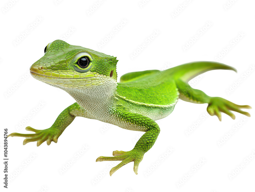 Fototapeta premium Vibrant green lizard with intricate scales and striking eyes against a white background.