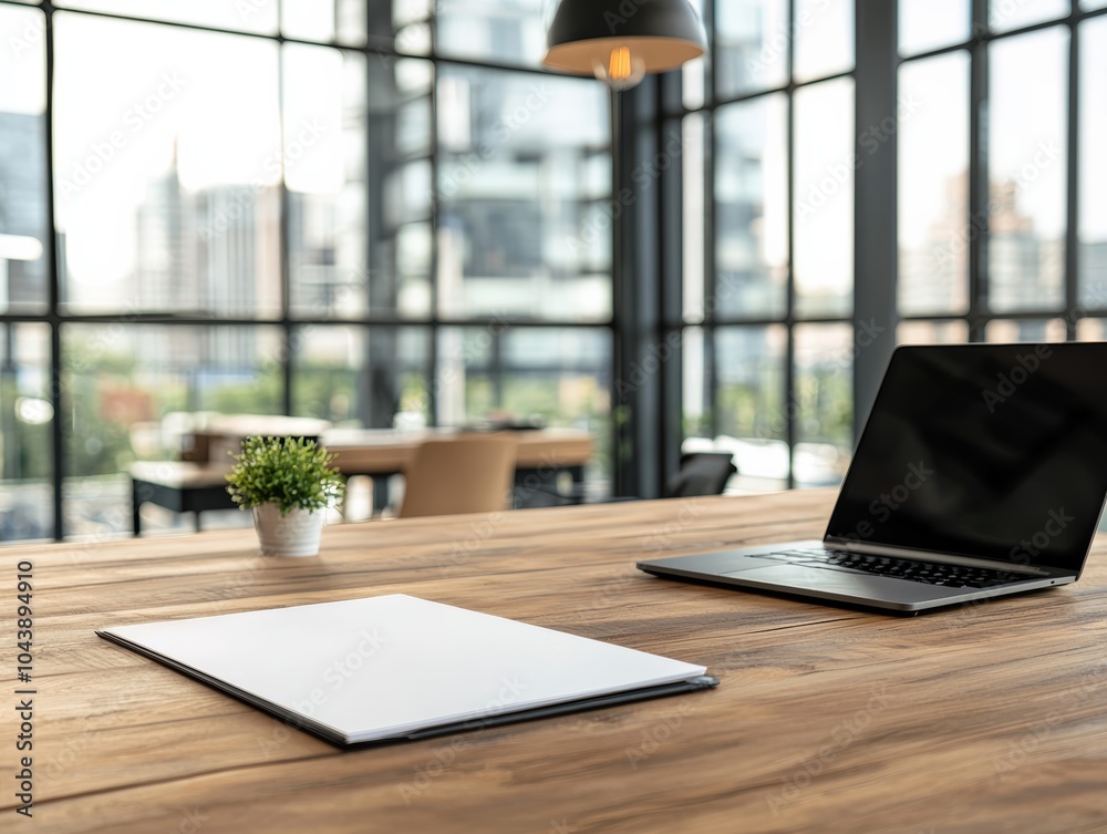 Modern office space with a laptop, notepad, and a small plant on a wooden table. Large windows provide natural light and a city view. Modern office space with a laptop, notepad, and a small plant on a wooden table. Large windows provide natural light and a city view.