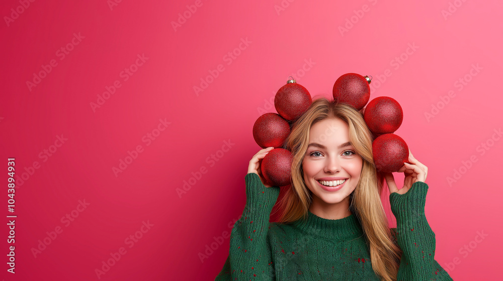 A close-up portrait of a smiling and confident girl with colorful Christmas baubles in her hair, standing in front of a solid background, with vibrant and cheerful colors in the spirit of New Year's A close-up portrait of a smiling and confident girl with colorful Christmas baubles in her hair, standing in front of a solid background, with vibrant and cheerful colors in the spirit of New Year's
