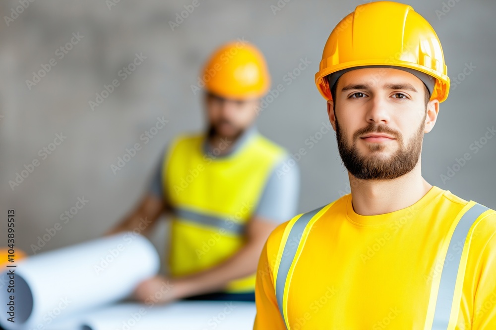 Workers collaborate at an industrial desk while reviewing blueprints in a minimalistic office setting Workers collaborate at an industrial desk while reviewing blueprints in a minimalistic office setting