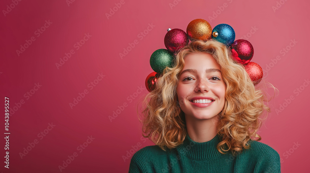 A close-up portrait of a smiling and confident girl with colorful Christmas baubles in her hair, standing in front of a solid background, with vibrant and cheerful colors in the spirit of New Year's A close-up portrait of a smiling and confident girl with colorful Christmas baubles in her hair, standing in front of a solid background, with vibrant and cheerful colors in the spirit of New Year's
