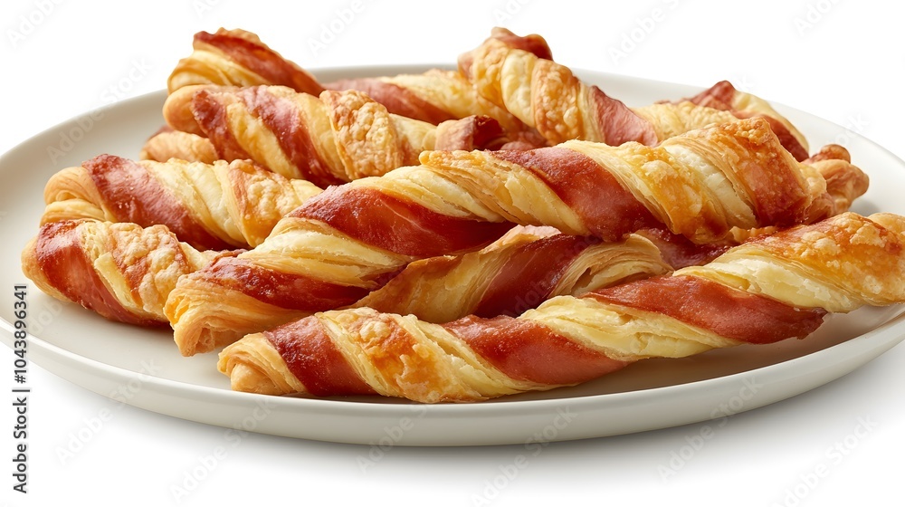 Delicious flaky bacon pastries on plate: savory twists for breakfast or brunch Delicious flaky bacon pastries on plate: savory twists for breakfast or brunch