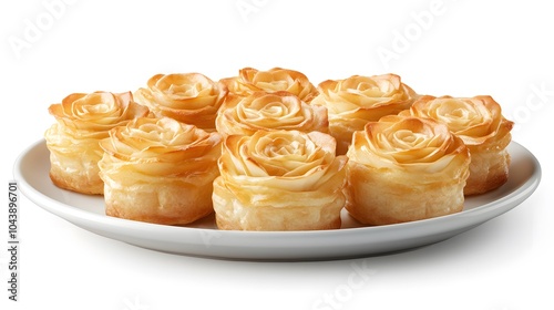 Delicate apple rose pastries on white plate: elegant dessert artistry photo