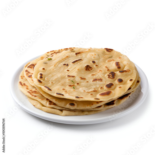 Homemade Paratha on a white plate isolated on a white background.