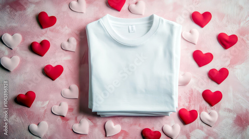 Valentine's day t-shirt mockup with heart decorations on pink background. Copy space. Holiday template, mock-up for clothing manufacturers, stores, shopping centers photo