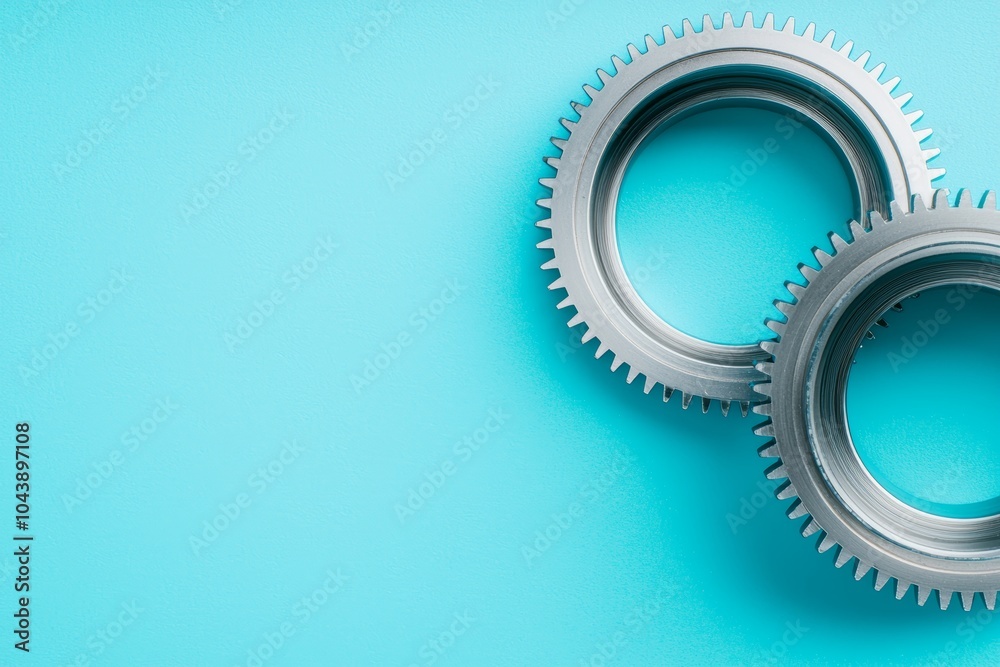Two metal gear wheels on a bright blue background, symbolizing teamwork and engineering precision. High-angle shot, minimalist design.
