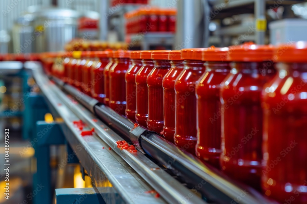 Automated conveyor belt line in modern tomato paste factory Automated conveyor belt line in modern tomato paste factory