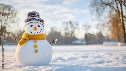 Funny snowman in stylish hat and yellow scalf on snowy field Merry Christmass and happy New Year photo