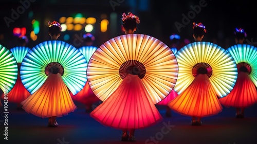 Dancers with illuminated fans performing in sync, casting light trails during the parade