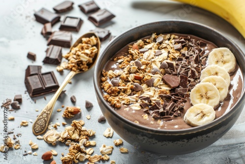 Chocolate smoothie bowl with bananas granola and chocolate