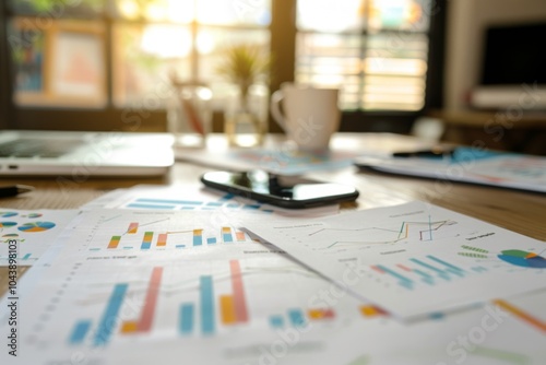 Collection of business analytics charts and graphs stacked on each other on paper on desk in office