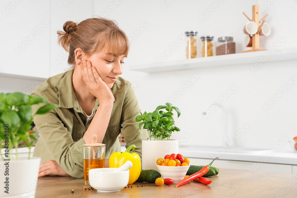 Woman with basil plant, vegetables, spices and honey in kitchen Woman with basil plant, vegetables, spices and honey in kitchen