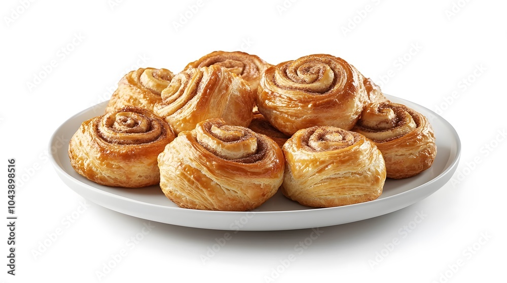 Fototapeta premium Freshly baked cinnamon rolls on white plate - flaky pastry perfection