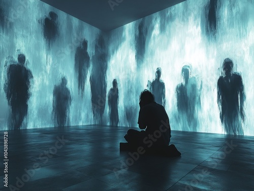 Person surrounded by ghostly figures, representing mental health struggles, paranoia, and depression, AI generated