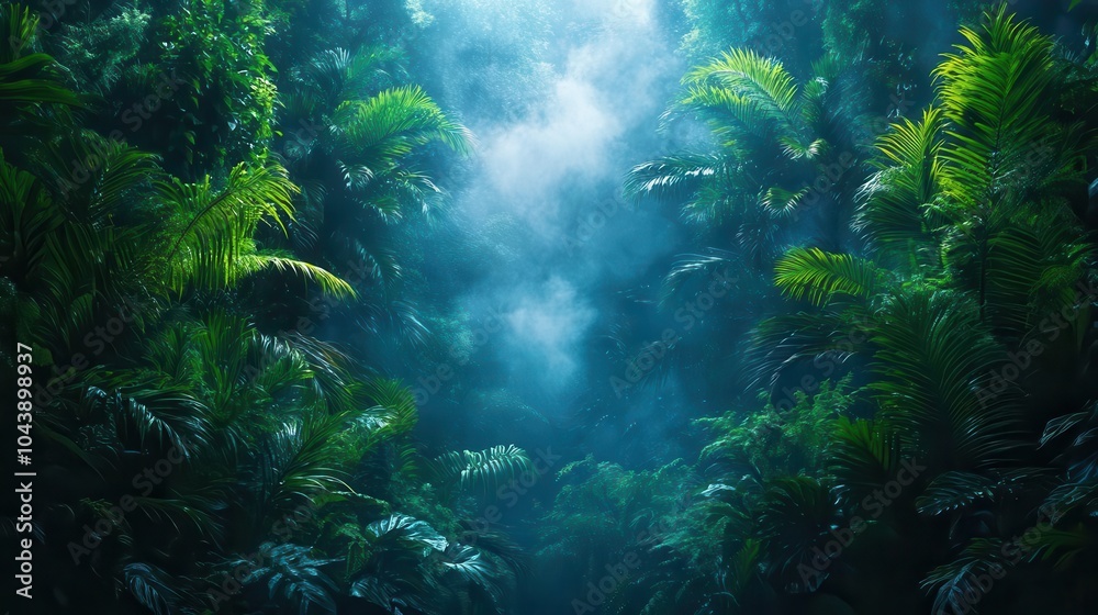 Obraz premium lush tropical jungle scene illuminated by moonlight creating an atmospheric rainforest backdrop exotic foliage and sounds of nature evoke a sense of wonder and tranquility in the night