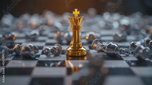 Leader, business strategy and planning concept, Gold Chess king figure on Chessboard and surrounded by a number of fallen silver chess pieces against opponent or enemy. Conflict, tactic, politic.