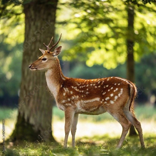 A medium shot of a deer in a forest clearing, with rack focus transitioning from the deer's elegant antlers in the foreground to the softly focused, sun-dappled forest in the background