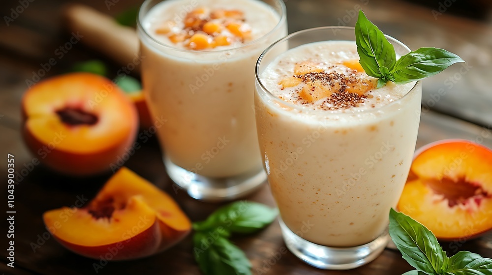 Refreshing Peach Smoothie with Basil Garnish. Refreshing Peach Smoothie with Basil Garnish.