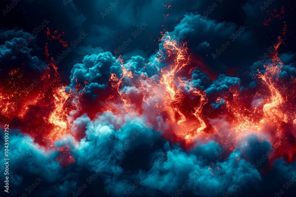 Obraz premium Lava flows brightly through swirling dark clouds, creating a stunning contrast against the backdrop of twilight. The vibrant colors and dramatic formations evoke a sense of natural power and beauty.