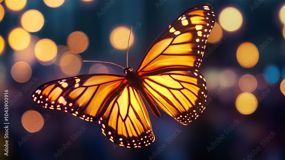 Fototapeta premium Glowing butterfly floats with flickering wings, flying above the crowd in the night sky