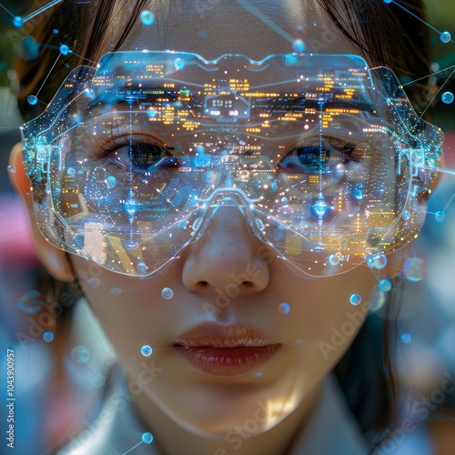 A young individual gazes intently while wearing advanced goggles displaying vibrant digital data and cityscapes. The setting suggests a blend of technology and nature in an urban park. photo