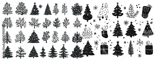 Merry Chrismas tree icon set on gray background, set of silhouettes of trees  chersmas, vector illustration flat desing