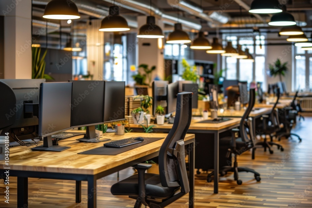 Modern office workstations with chairs and desks and monitors