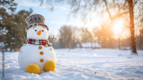 Funny snowman in stylish hat and yellow scalf on snowy field Merry Christmass and happy New Year photo