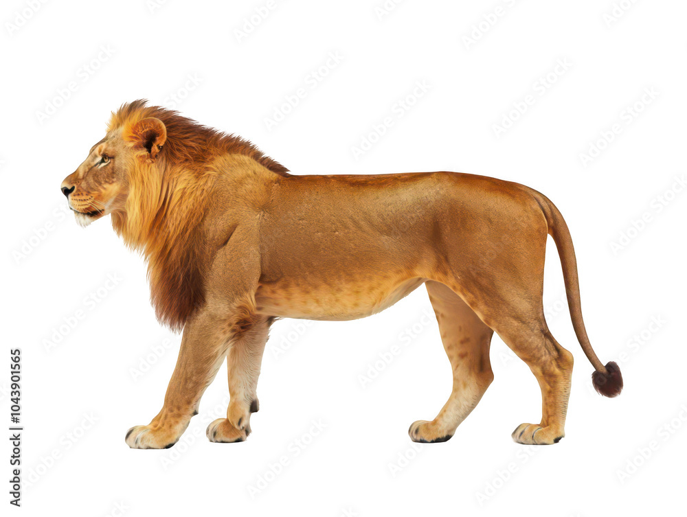 Obraz premium Majestic male lion with a full mane walking gracefully.