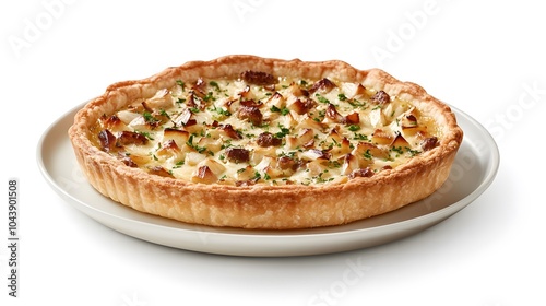 Rustic quiche pie with bacon and cheese on a plate showcasing comfort food