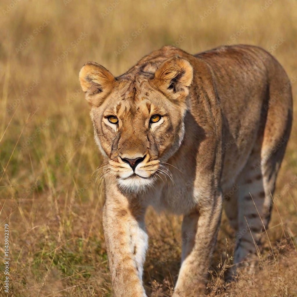 A full shot photo of a lioness walking confidently through tall golden grass, deep focus on the movement of its muscles and fur, low-angle shot that makes the lion appear larger and more imposing A full shot photo of a lioness walking confidently through tall golden grass, deep focus on the movement of its muscles and fur, low-angle shot that makes the lion appear larger and more imposing