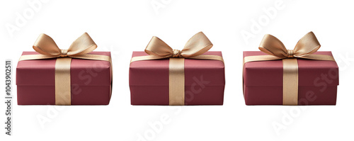 Three gift boxes with ribbons on a white isolated background transparent background